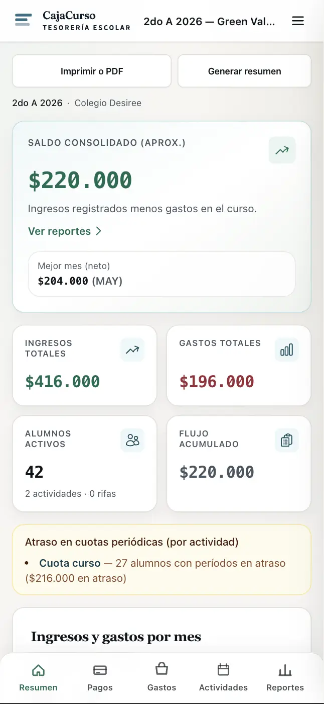 Panel de CajaCurso en celular mostrando saldo, ingresos y gastos