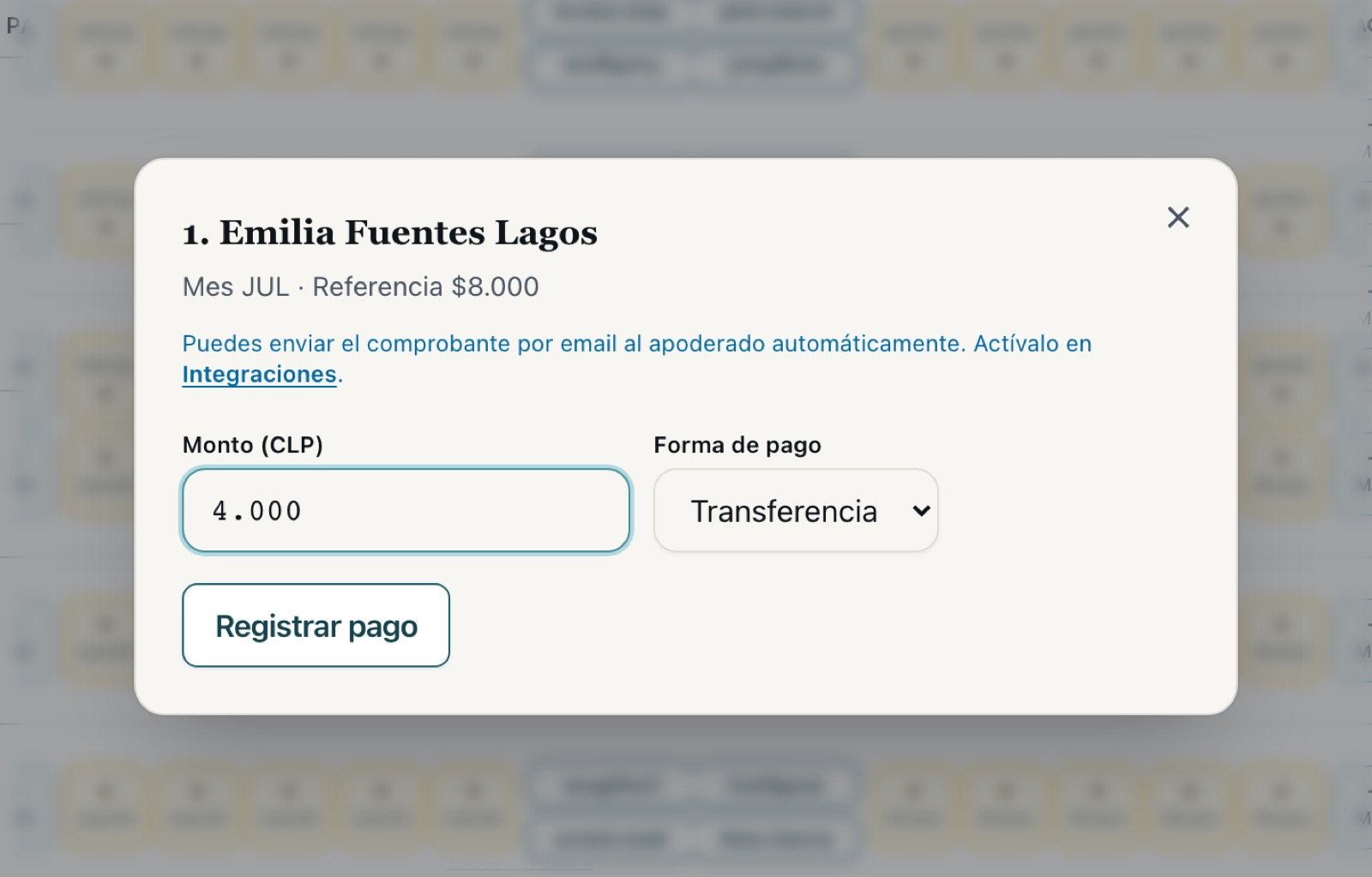 Ventana para registrar el pago del mes con el monto cambiado a 4.000