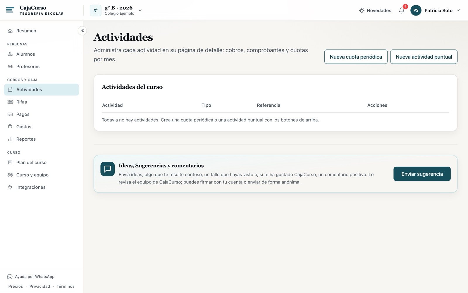 Pantalla de Actividades con los botones de nueva cuota y nueva actividad puntual