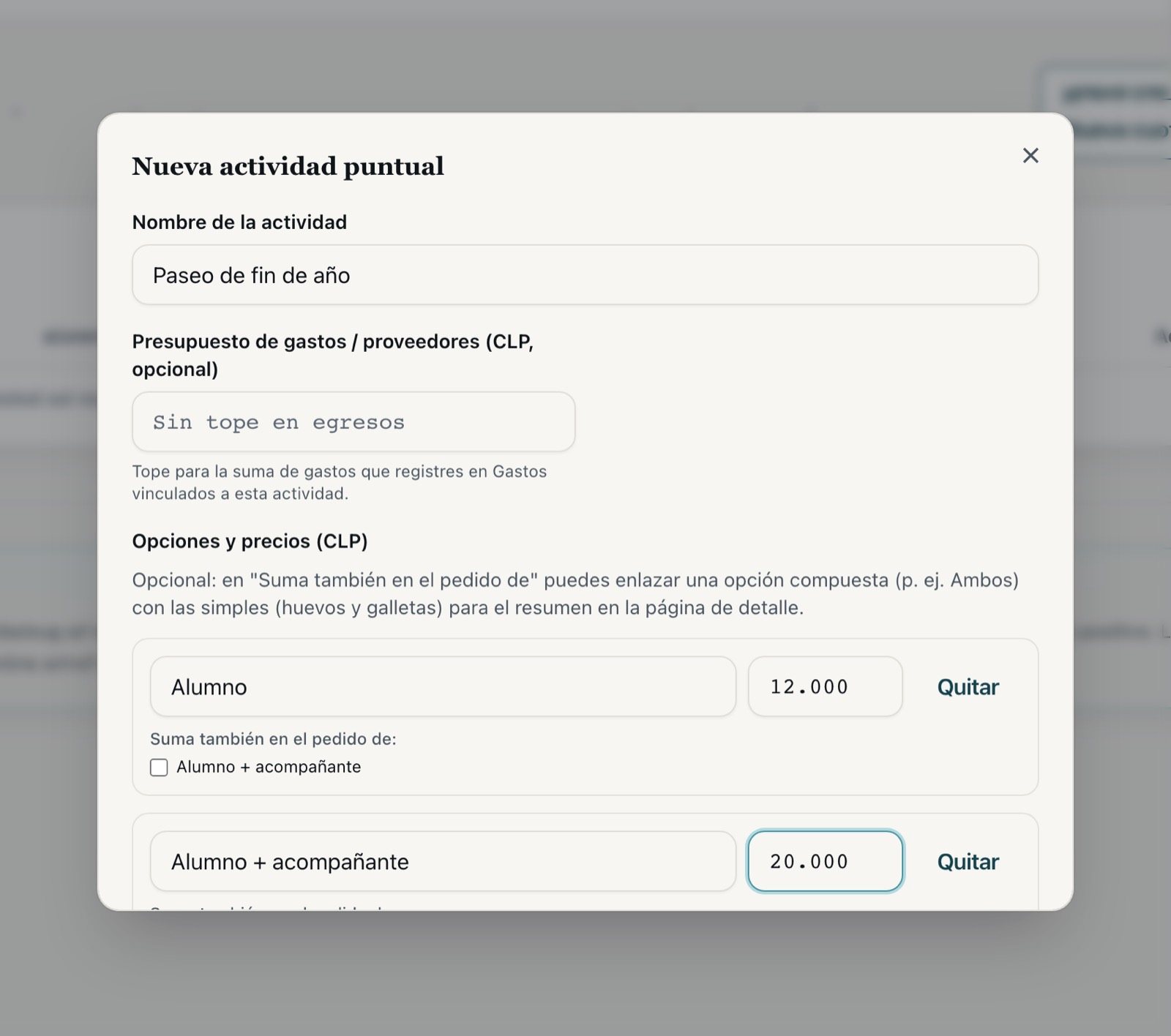 Formulario de nueva actividad puntual con el nombre y la primera opción