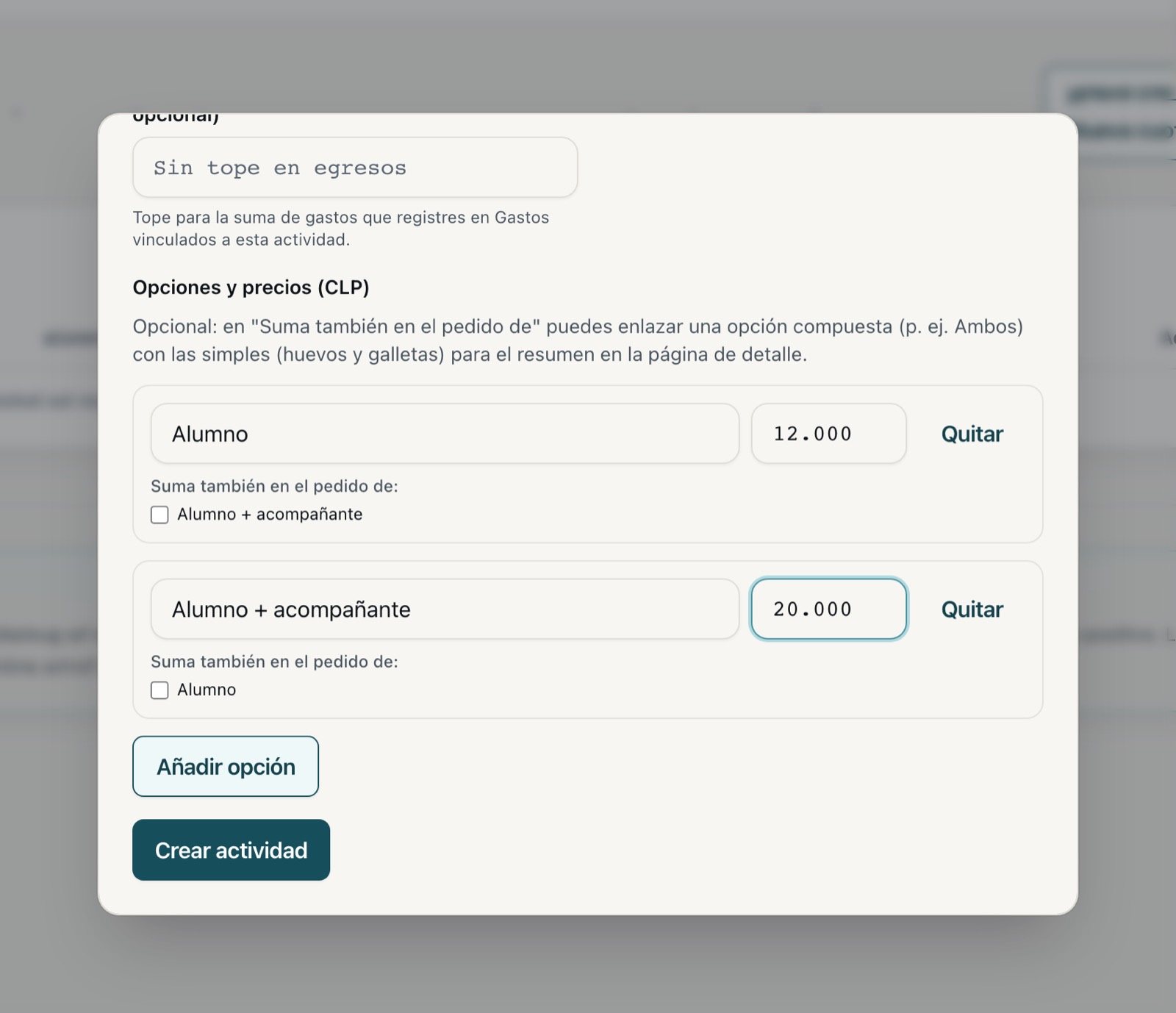 Las dos opciones con sus precios y el botón Crear actividad