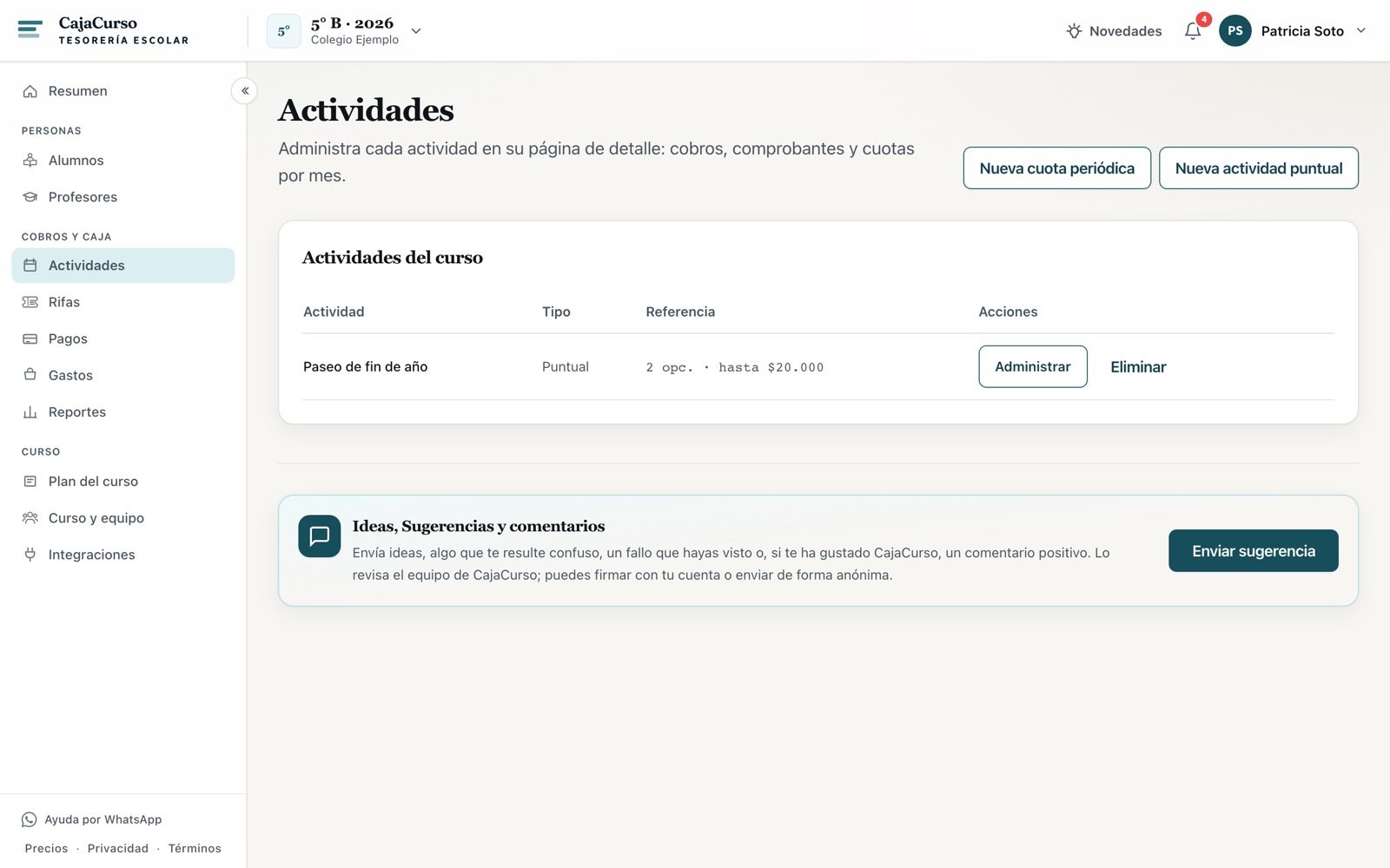 La actividad puntual creada en la lista de actividades