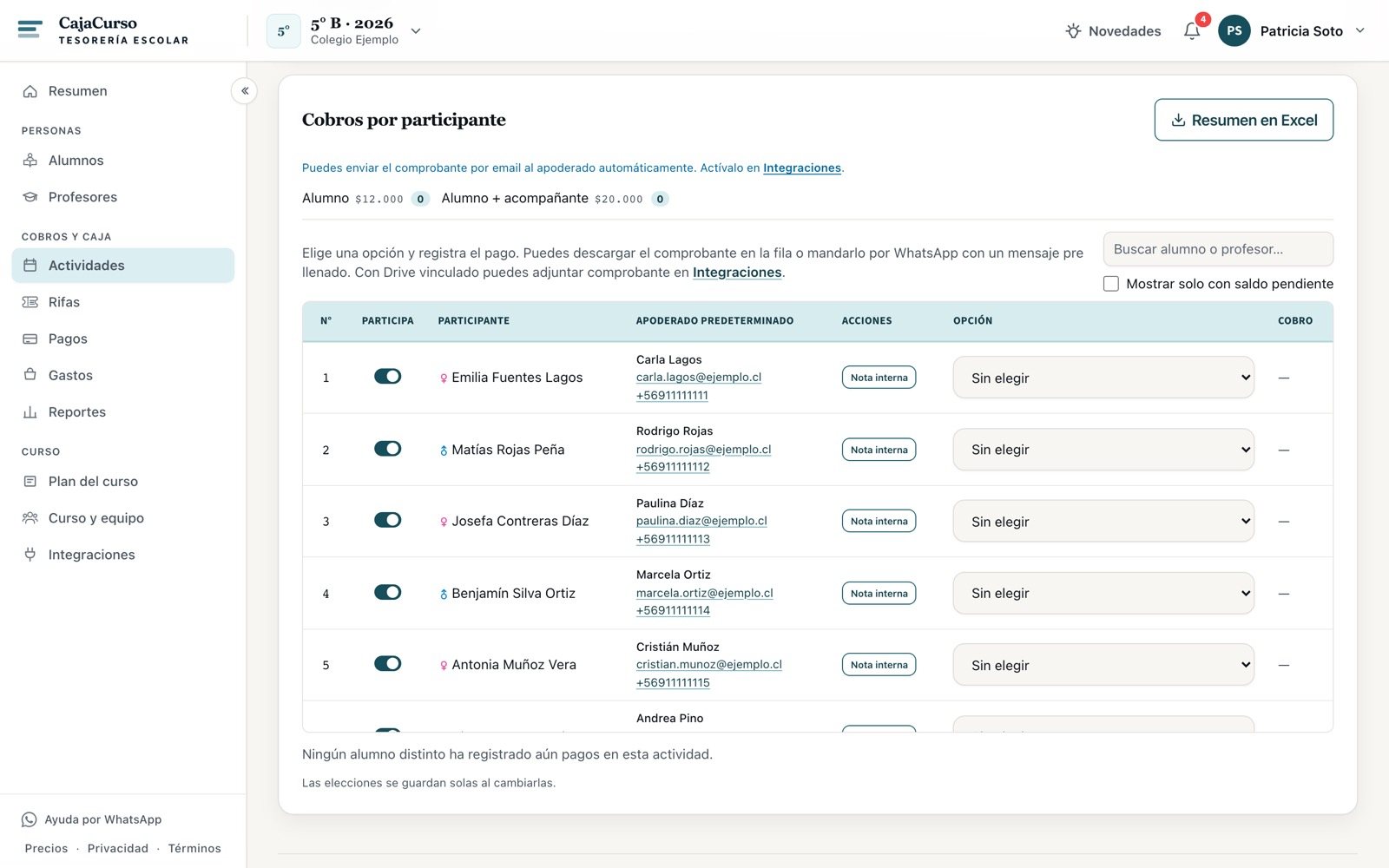 Tabla de cobros por participante con todos los alumnos sin opción elegida