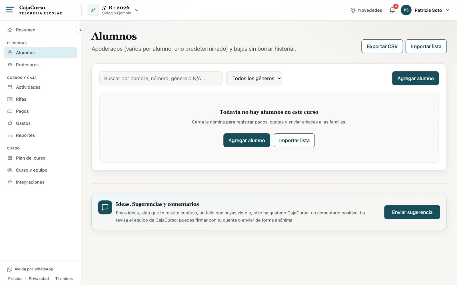 Pantalla de Alumnos sin alumnos cargados, con el botón Importar lista