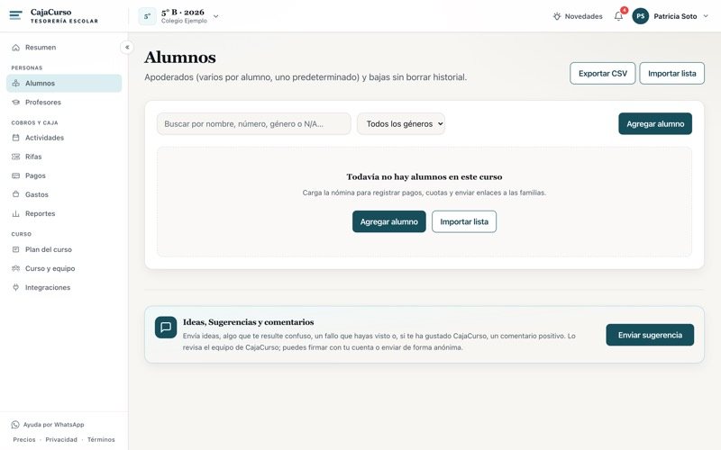 Pantalla de Alumnos sin alumnos cargados, con el botón Importar lista