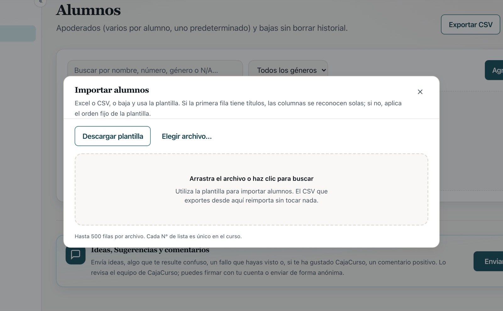 Cuadro de importación de alumnos pidiendo el archivo
