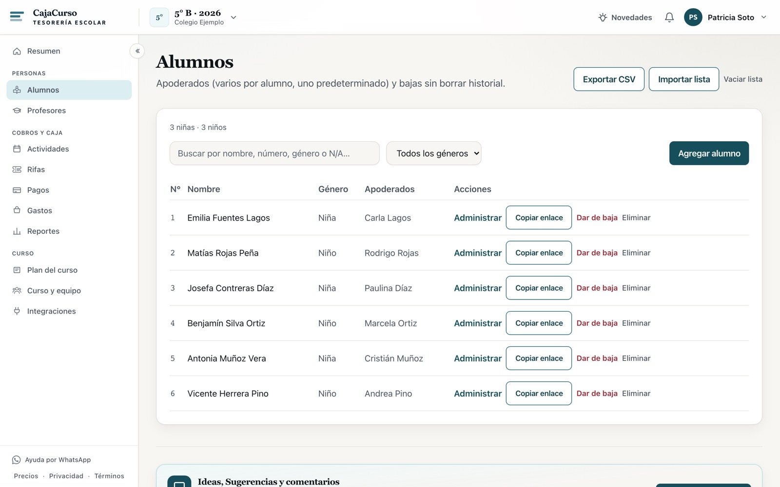 Lista de alumnos cargada con sus apoderados