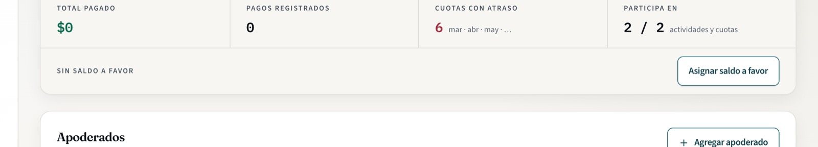 Ficha del alumno con el botón Asignar saldo a favor