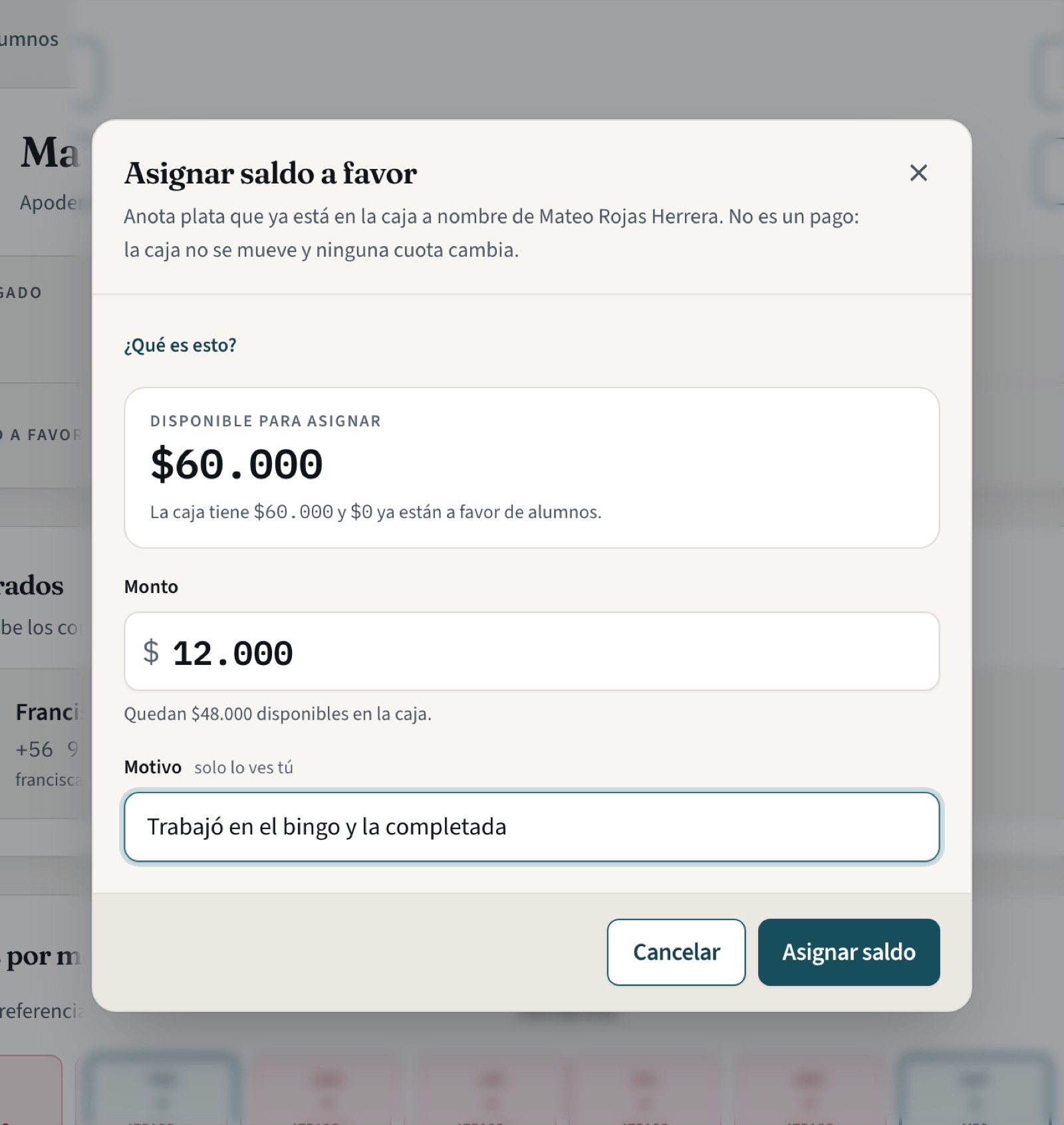 Modal para asignar saldo a favor con el disponible, el monto y el motivo