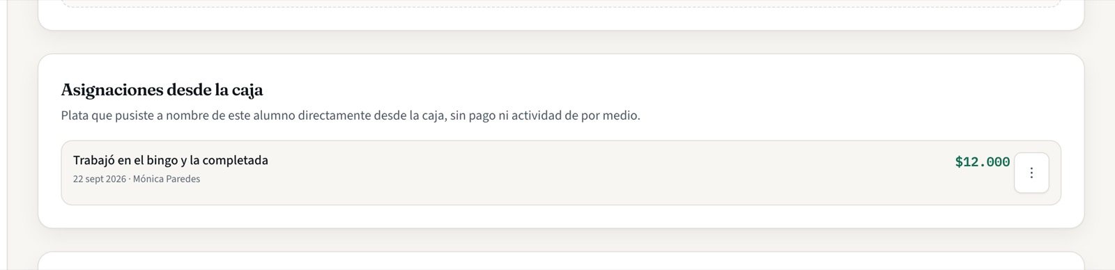 Card de Asignaciones desde la caja con la nueva asignación