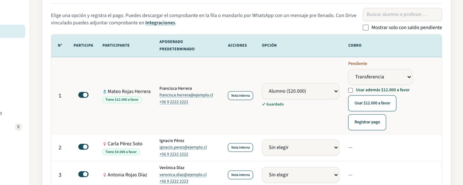 Fila de cobro con el botón Usar a favor junto al monto que falta