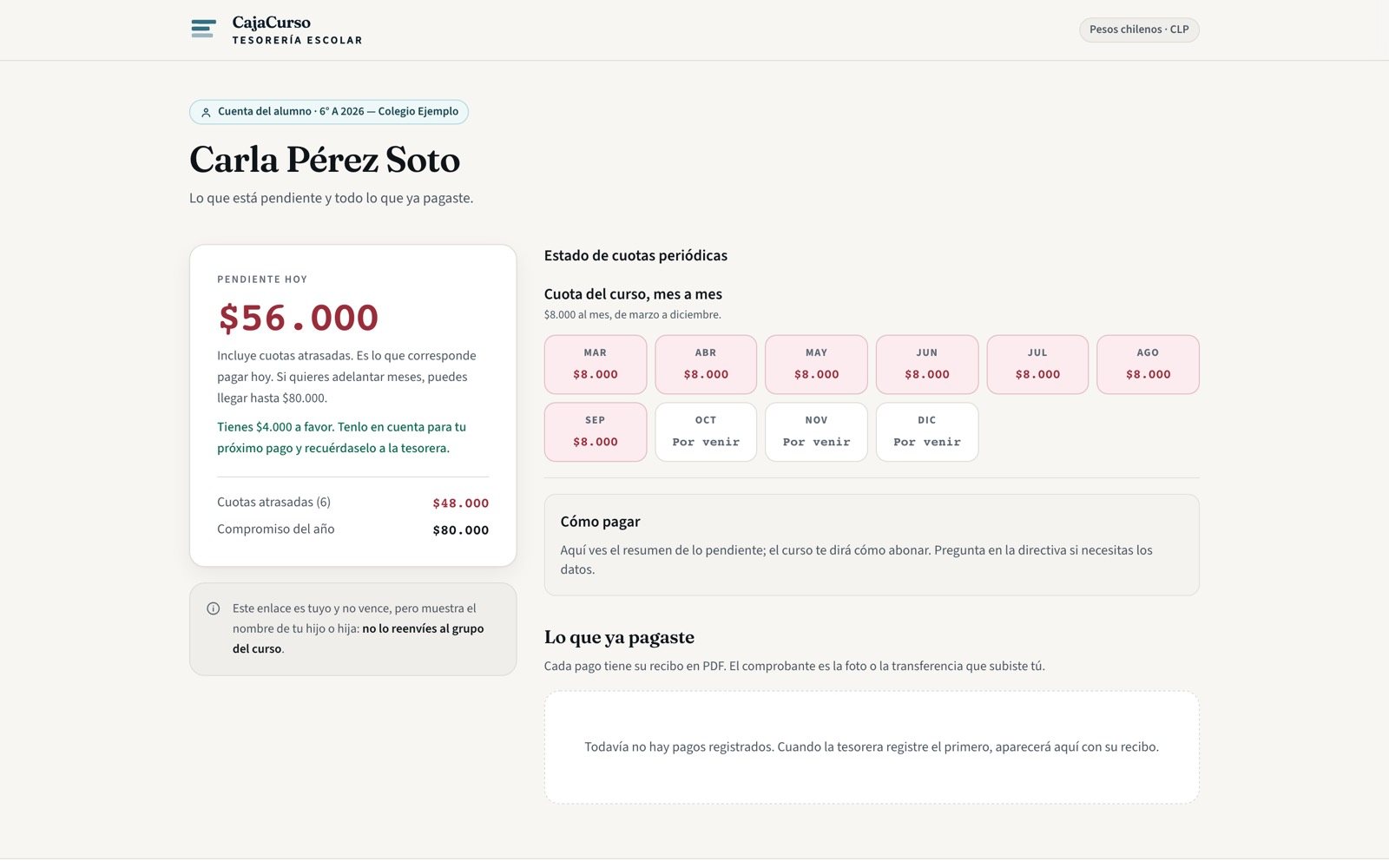 El enlace del apoderado mostrando que tiene saldo a favor