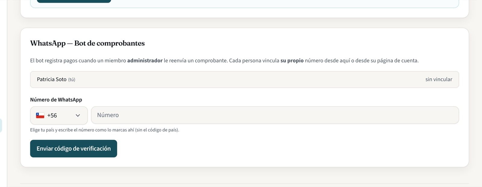 La tarjeta del bot con el campo para el número de WhatsApp