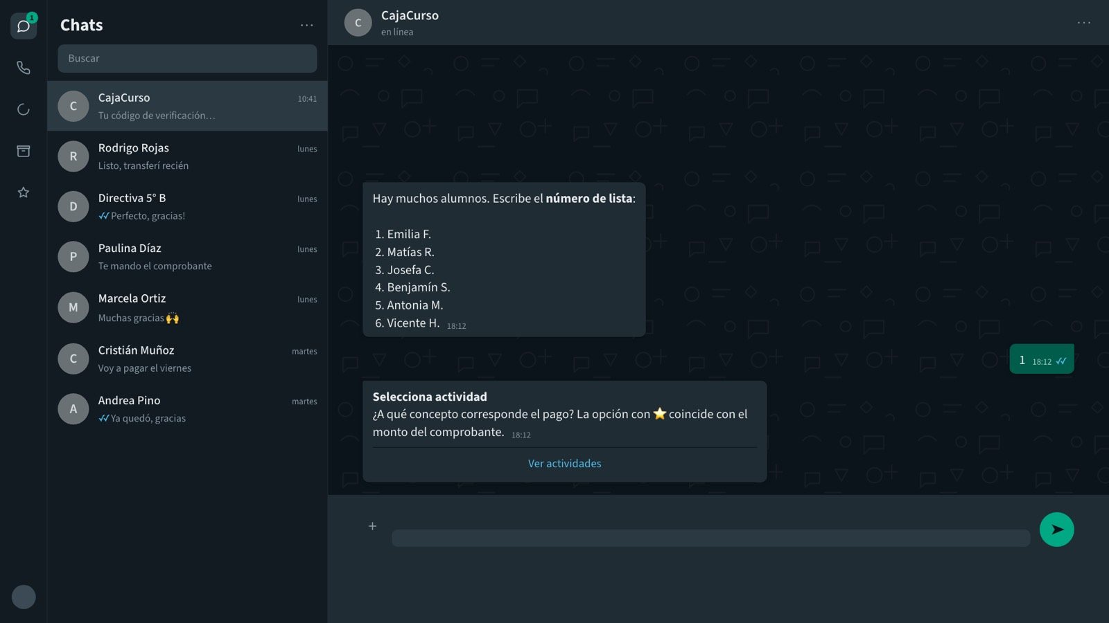 El bot pide el número de lista del alumno y después la actividad
