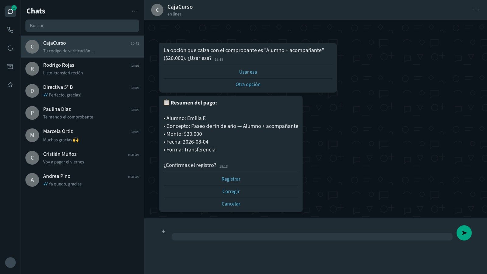El bot propone la opción que calza y muestra el resumen del pago