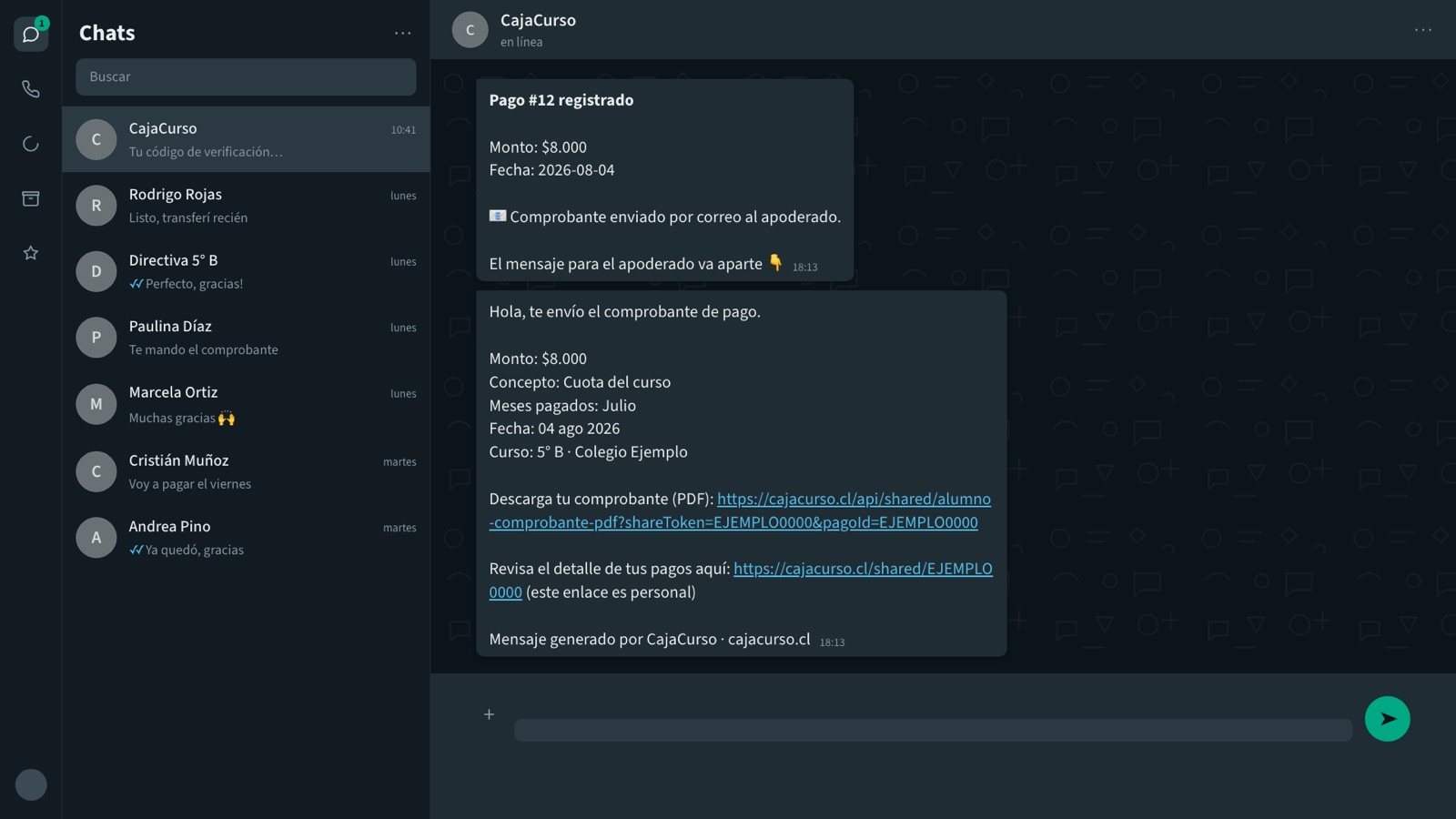 El bot confirma el pago registrado y entrega el mensaje para el apoderado