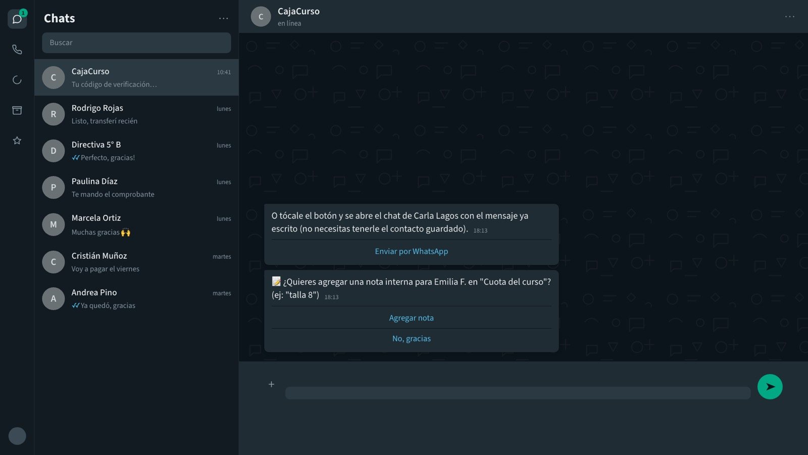El bot ofrece abrir el chat del apoderado y agregar una nota interna