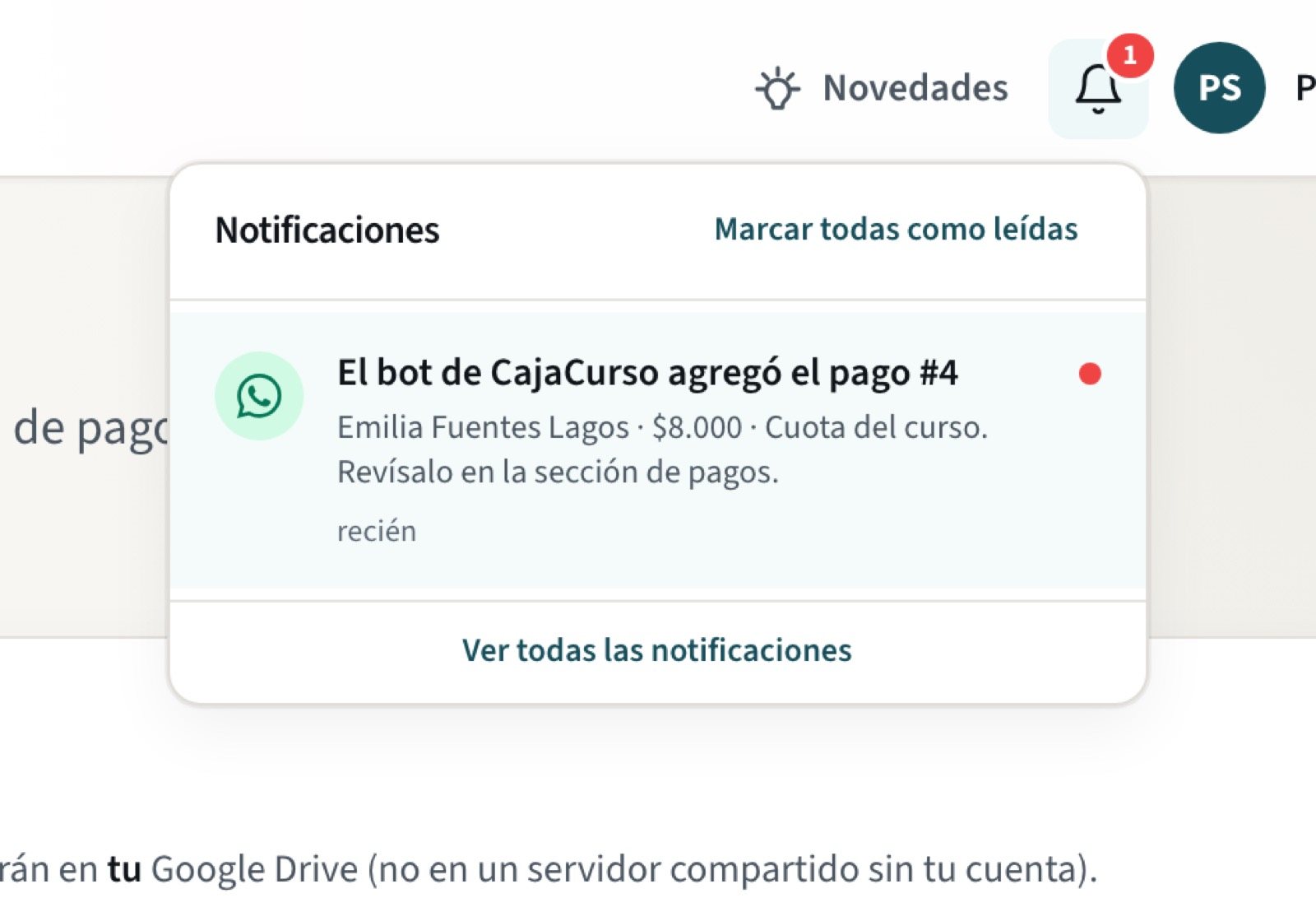 La campana de notificaciones con el aviso del pago agregado por el bot