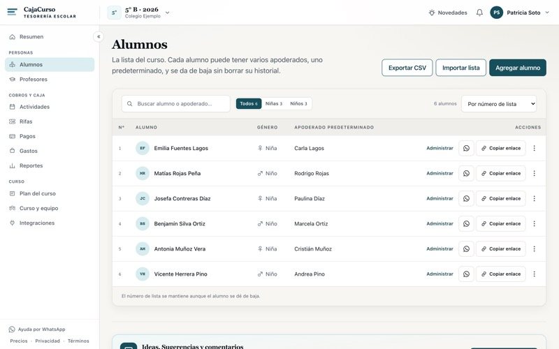 La lista de alumnos del curso