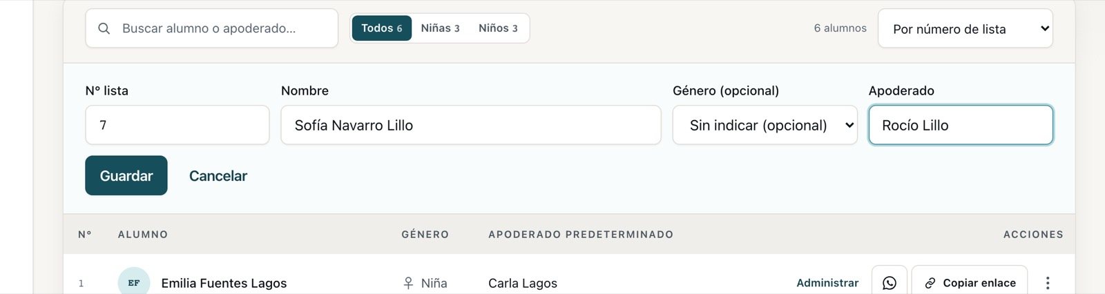 El formulario para agregar un alumno con su número de lista