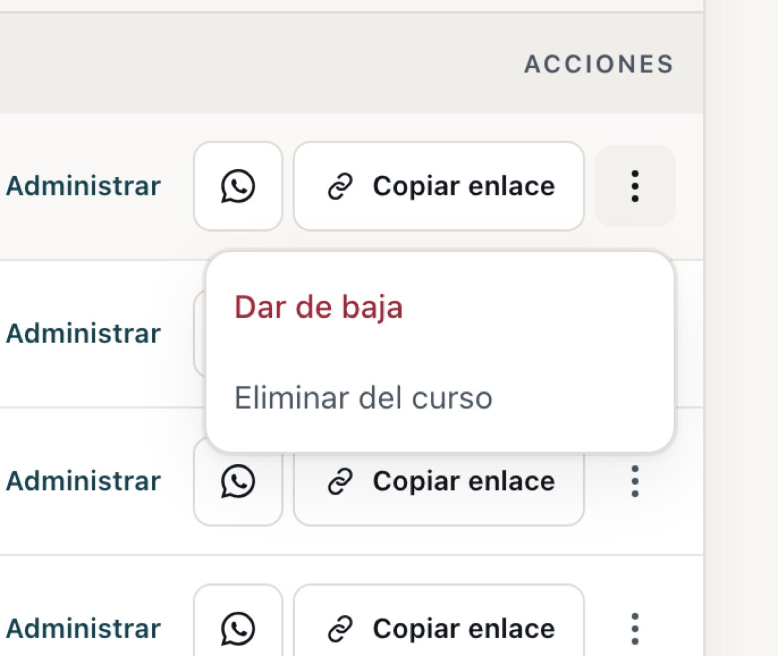 El menú de acciones de un alumno con dar de baja y eliminar