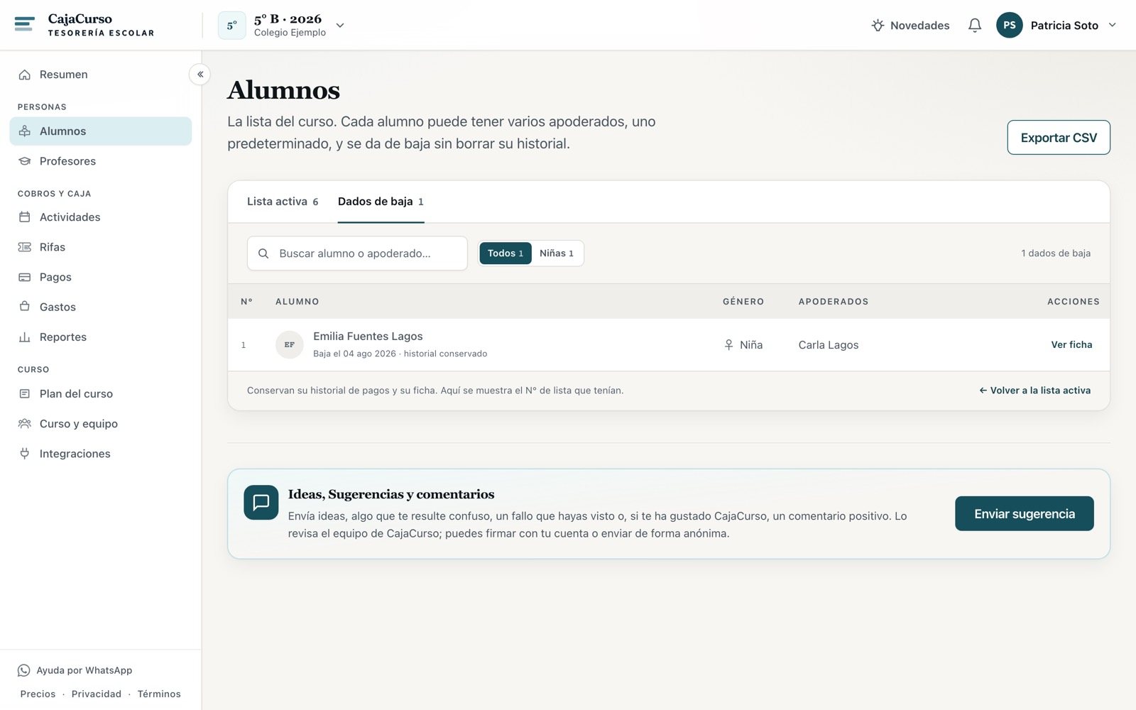 La pestaña de alumnos dados de baja con la fecha de la baja