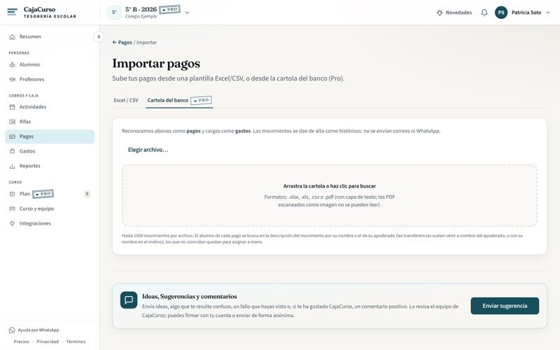 La pantalla para subir la cartola del banco