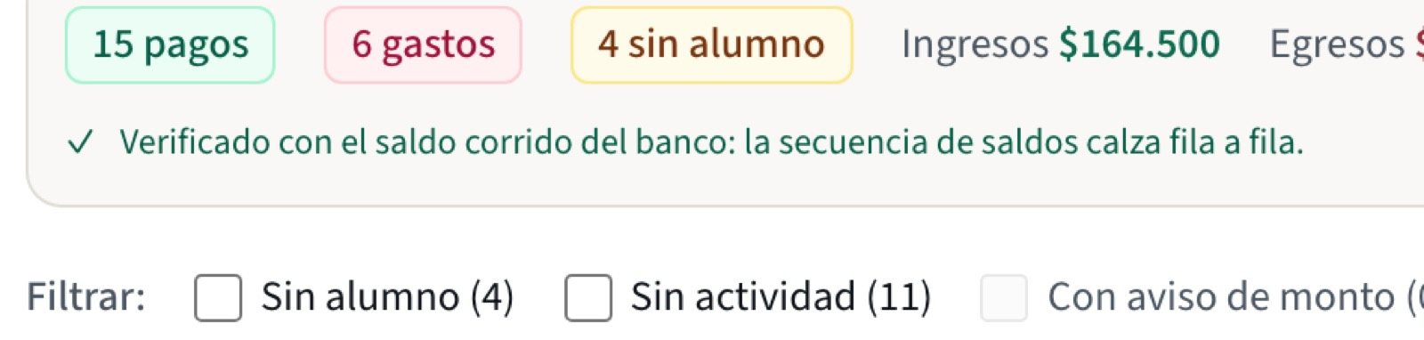 El aviso de que la secuencia de saldos calza fila a fila