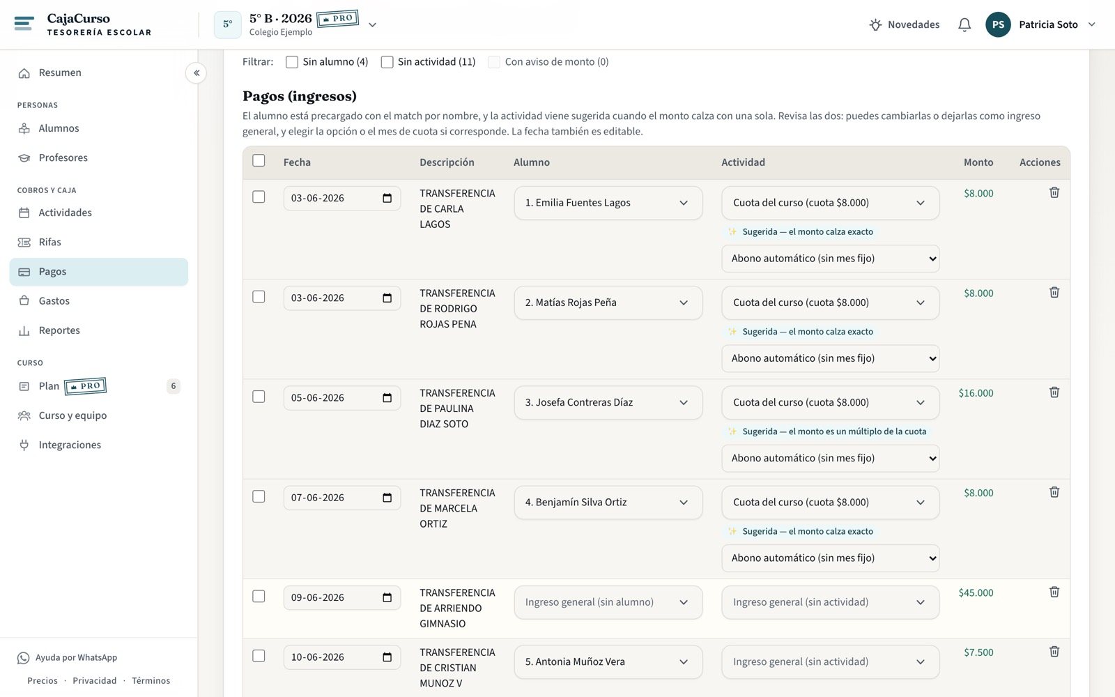 La tabla de pagos con el alumno precargado y los selectores de actividad