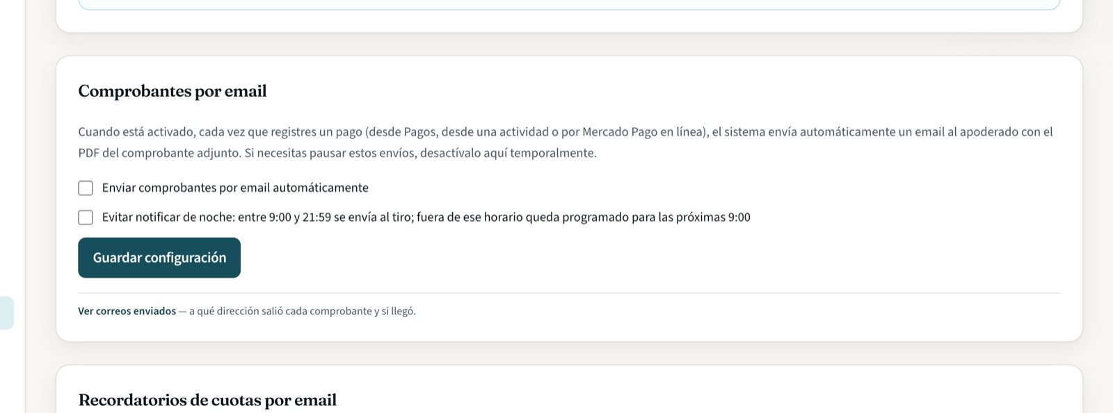 La tarjeta de comprobantes por email, desactivada