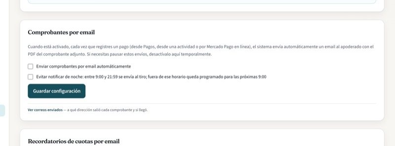 La tarjeta de comprobantes por email, desactivada