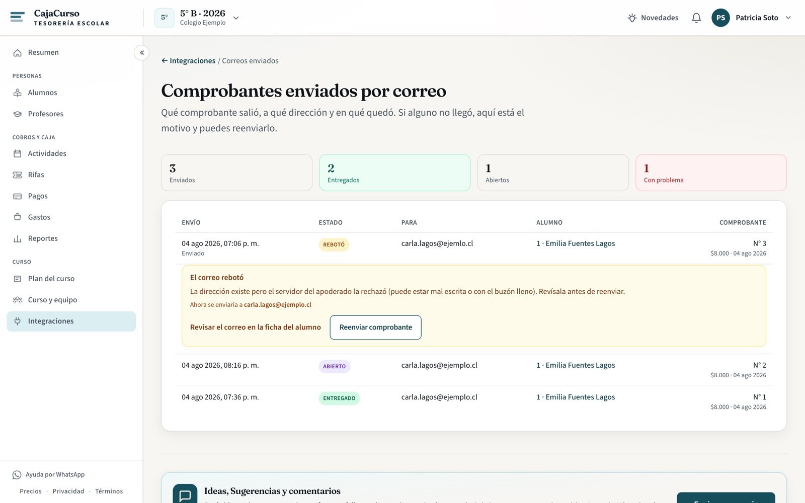 La pantalla de comprobantes enviados con sus estados y el aviso del que rebotó