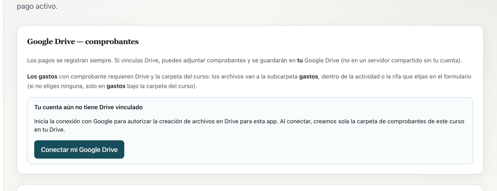 Tarjeta de Google Drive en Integraciones, con el botón Conectar mi Google Drive