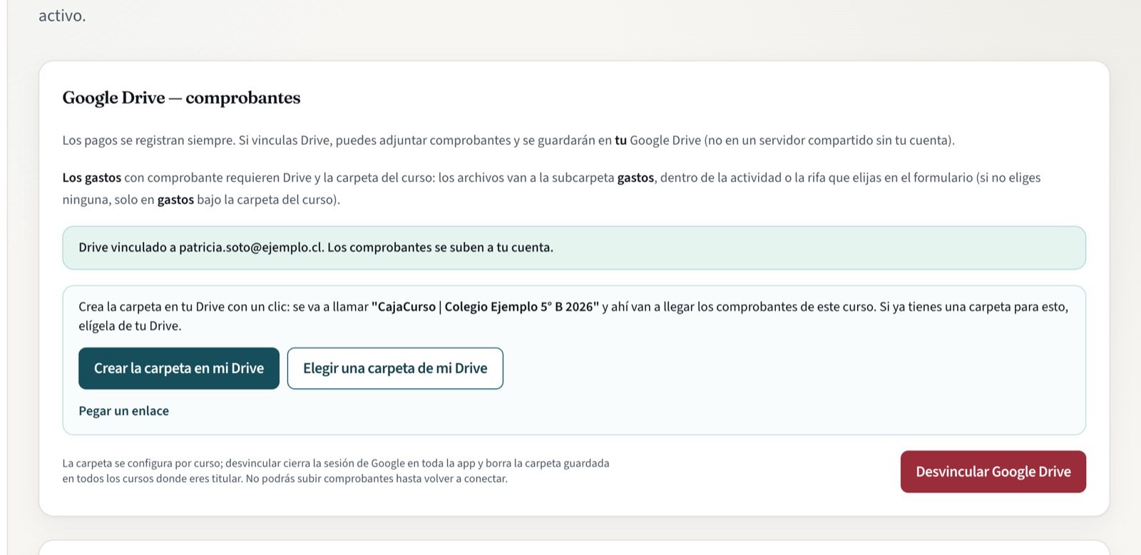 Los dos botones: crear la carpeta en mi Drive o elegir una que ya exista