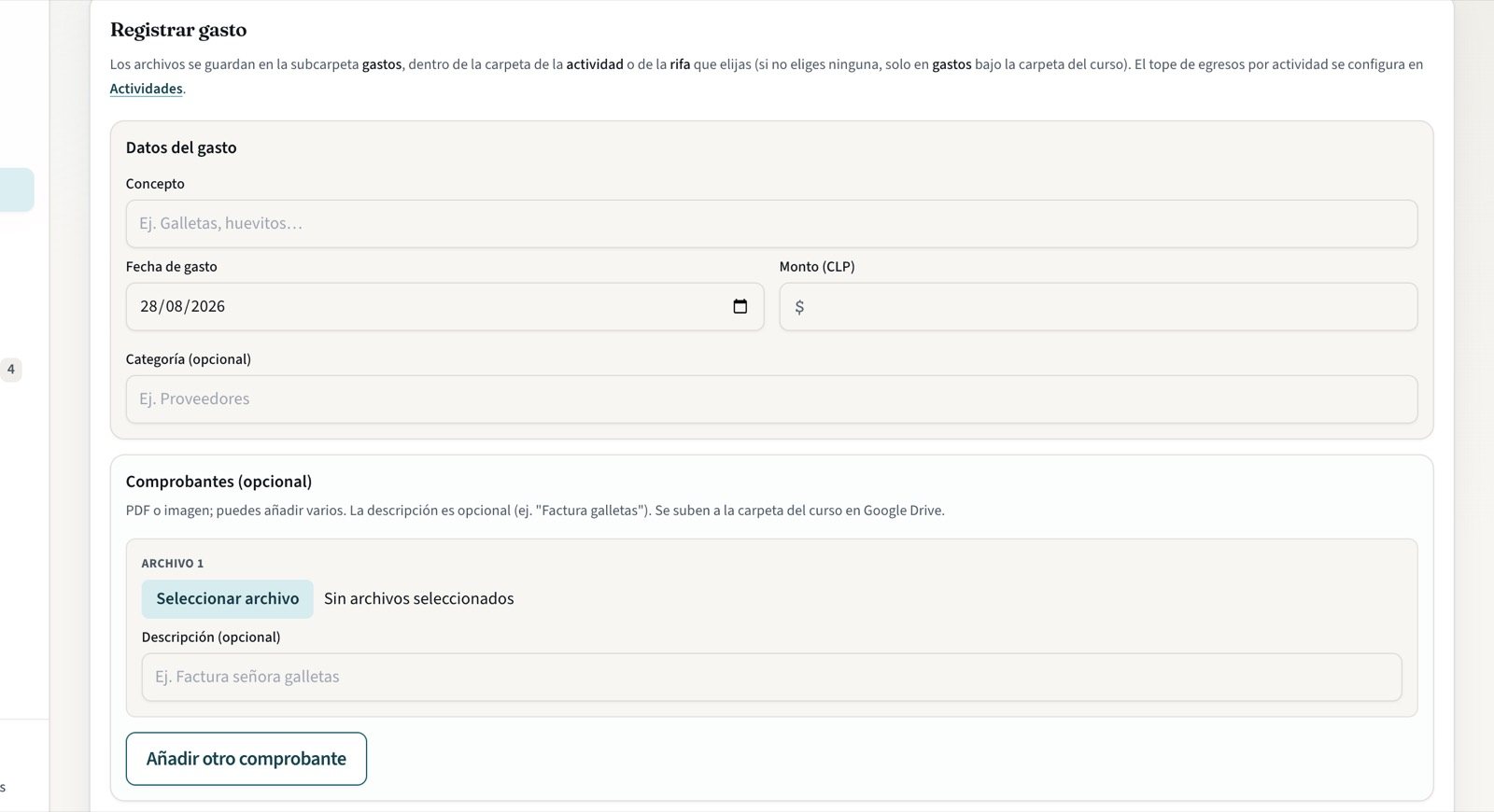 Formulario de gasto con el bloque Comprobantes habilitado para elegir un archivo