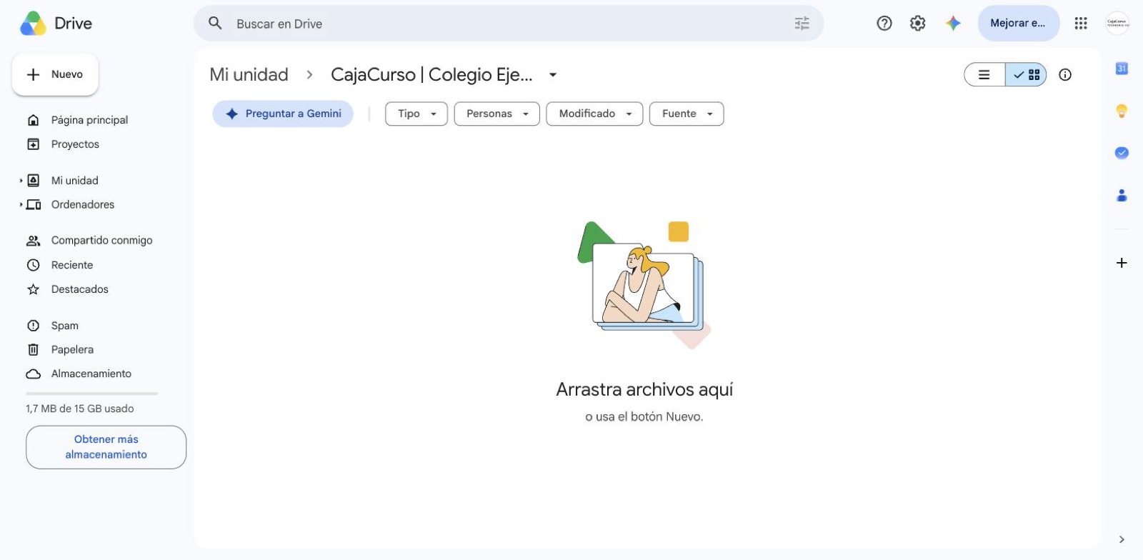 La carpeta del curso abierta en Google Drive, todavía vacía