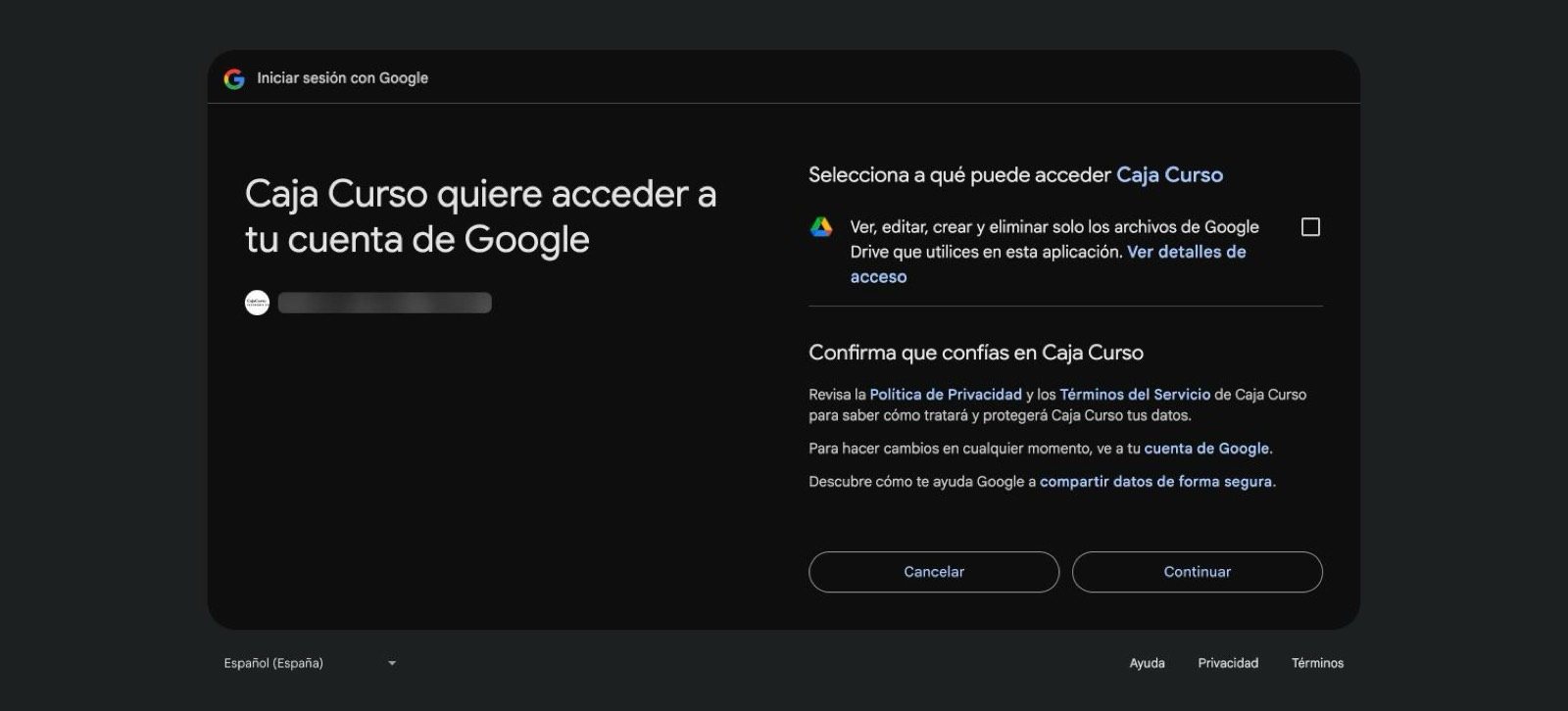 Pantalla de permisos de Google con la casilla de Google Drive sin marcar
