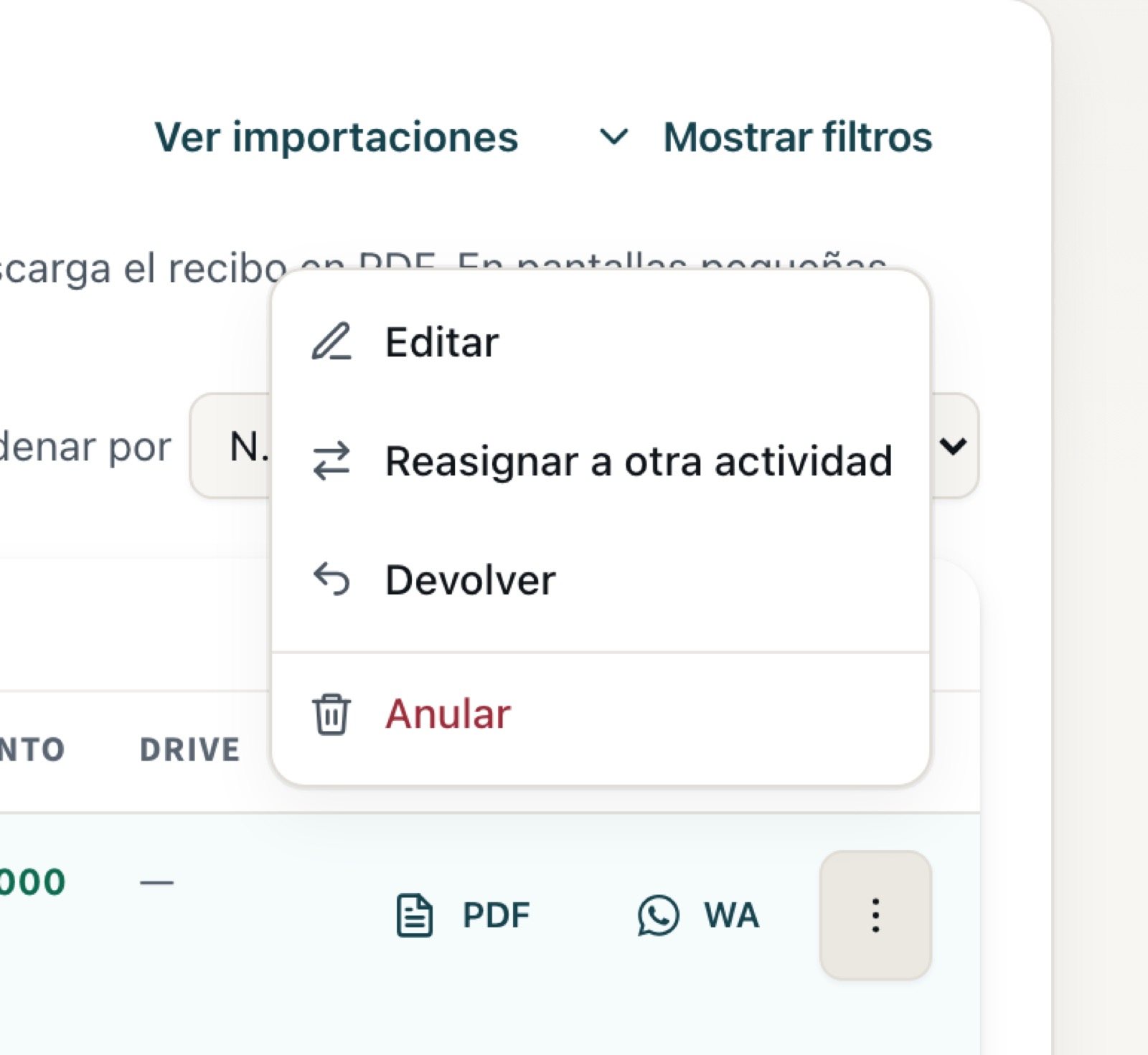 El menú de acciones de un pago: editar, reasignar, devolver y anular