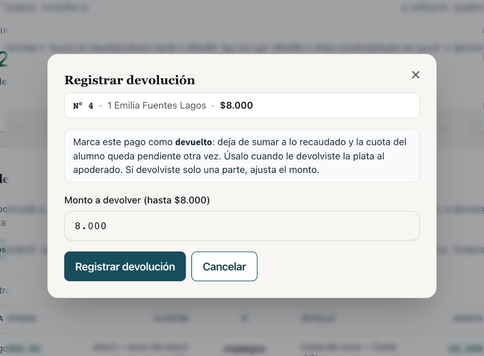 La ventana de devolución con el monto a devolver