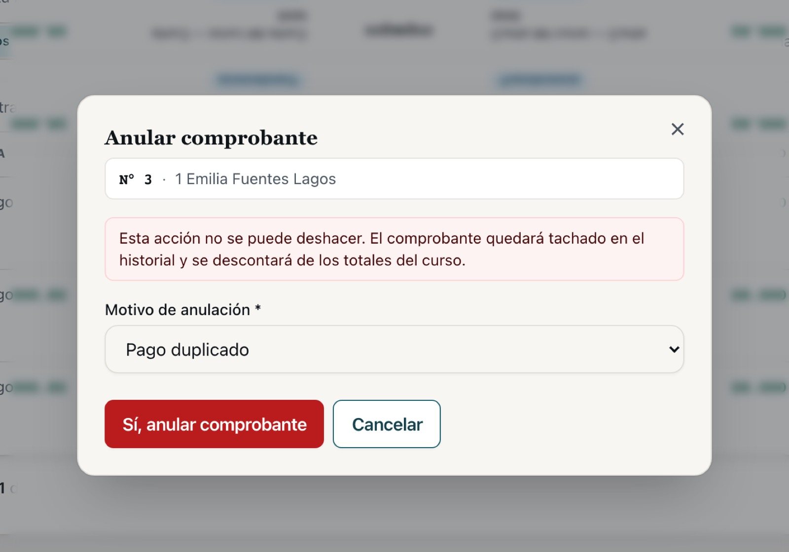 La ventana de anulación con el aviso rojo y el motivo elegido
