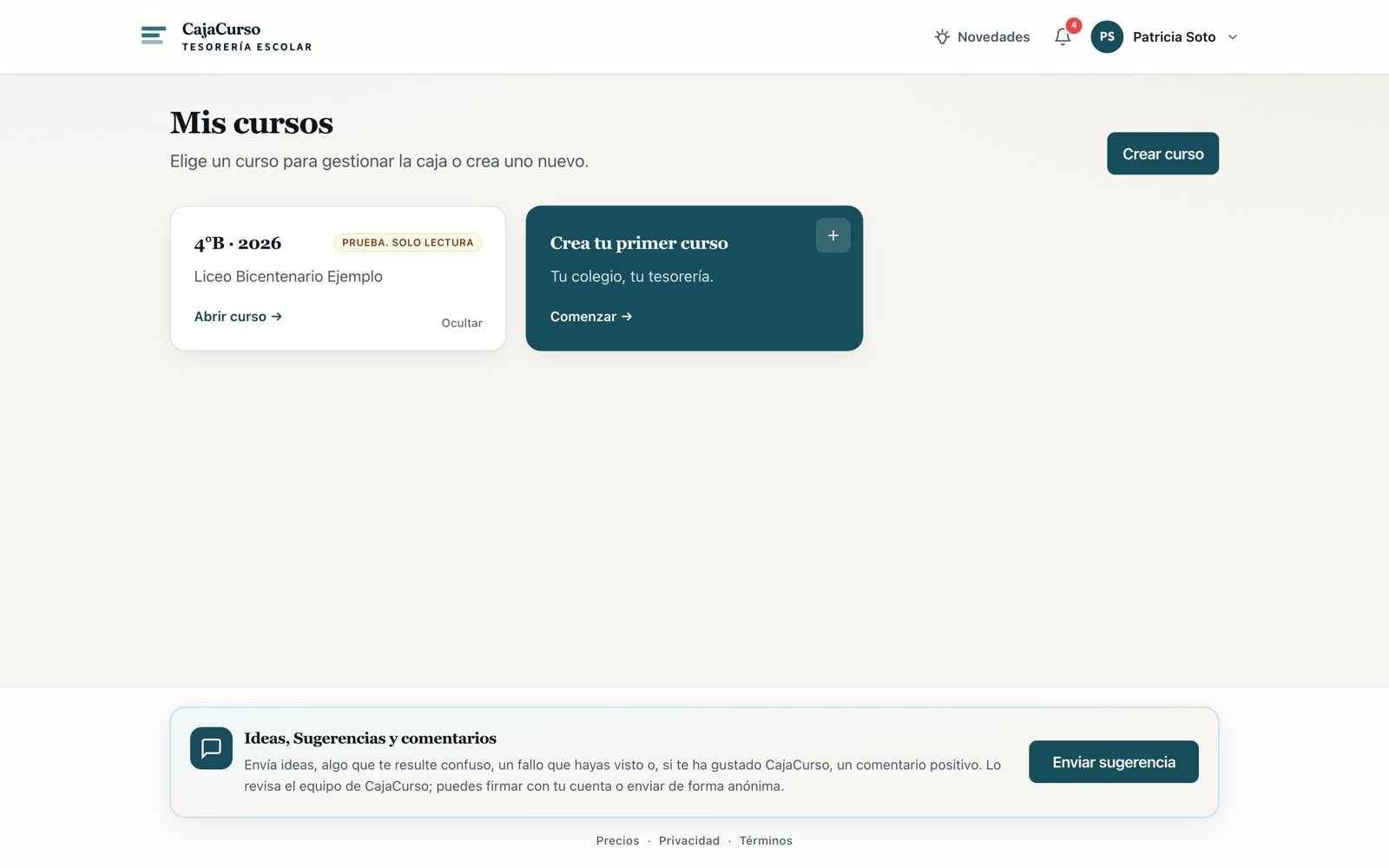 Pantalla Mis cursos de CajaCurso recién entrando: el curso de ejemplo marcado como Prueba. Solo lectura y la tarjeta Crea tu primer curso