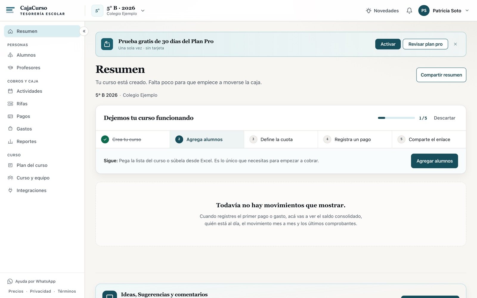 Panel del curso recién creado con el menú lateral y la guía "Dejemos tu curso funcionando"