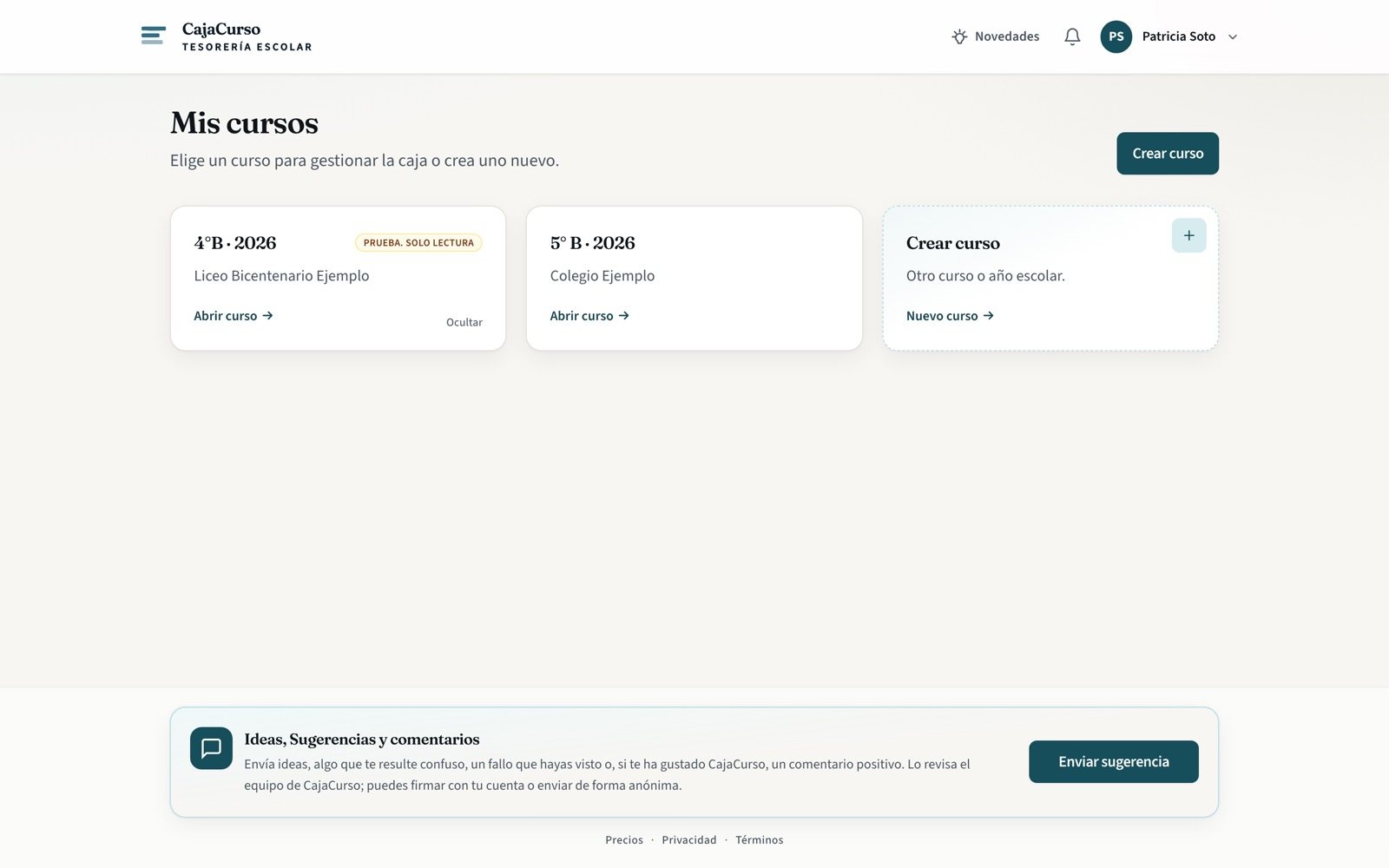 Pantalla Mis cursos con el curso recién creado en la lista