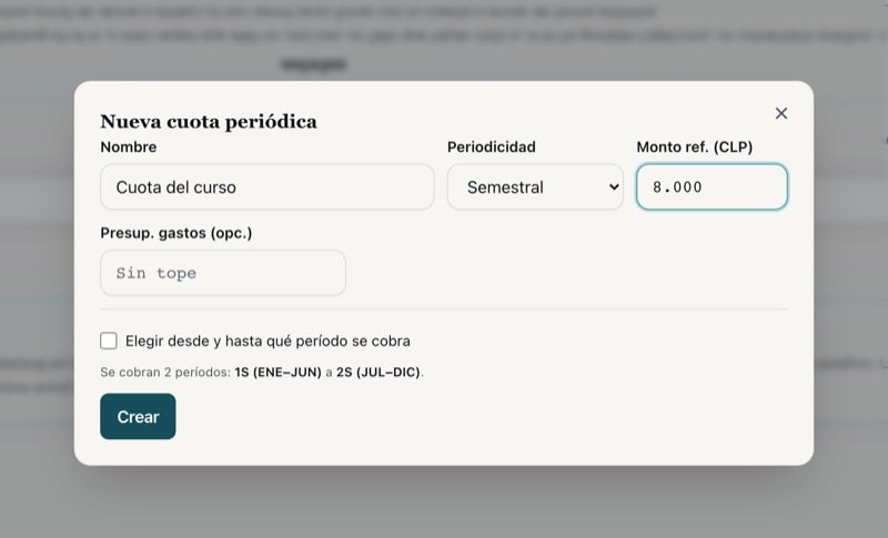 El formulario de nueva cuota con la periodicidad en semestral