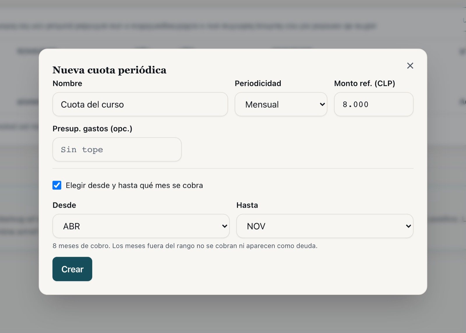 El formulario con el rango de cobro de abril a noviembre