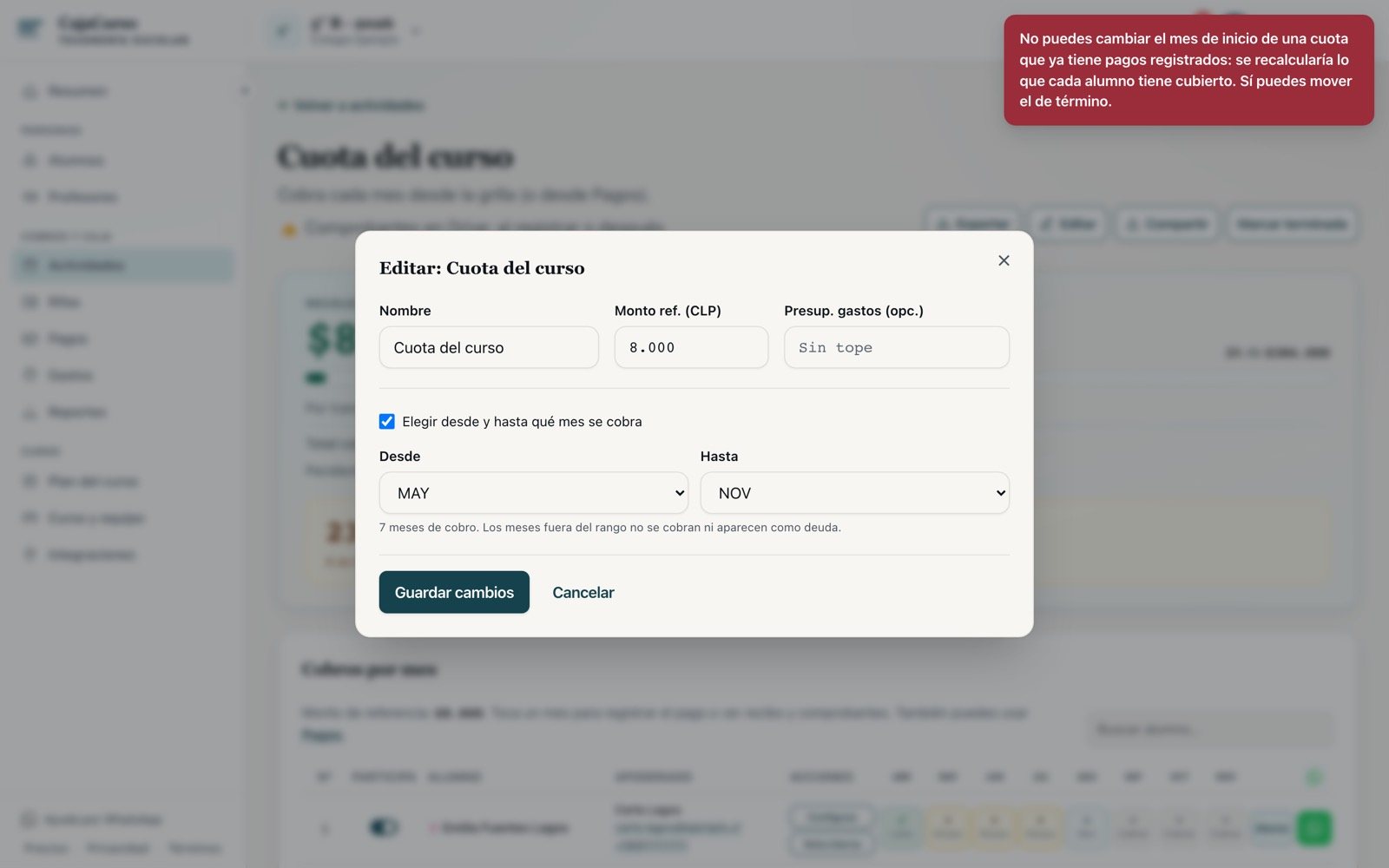 La app rechaza mover el mes de inicio de una cuota con pagos