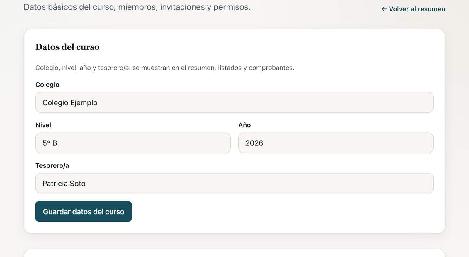 La tarjeta con colegio, nivel, año y tesorero/a