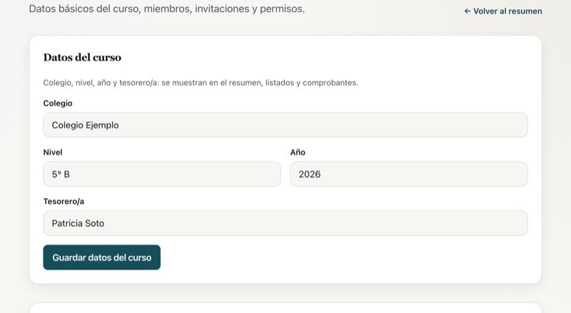 La tarjeta con colegio, nivel, año y tesorero/a
