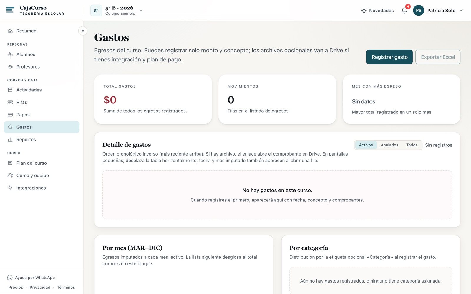 Pantalla de Gastos del curso con el botón Registrar gasto