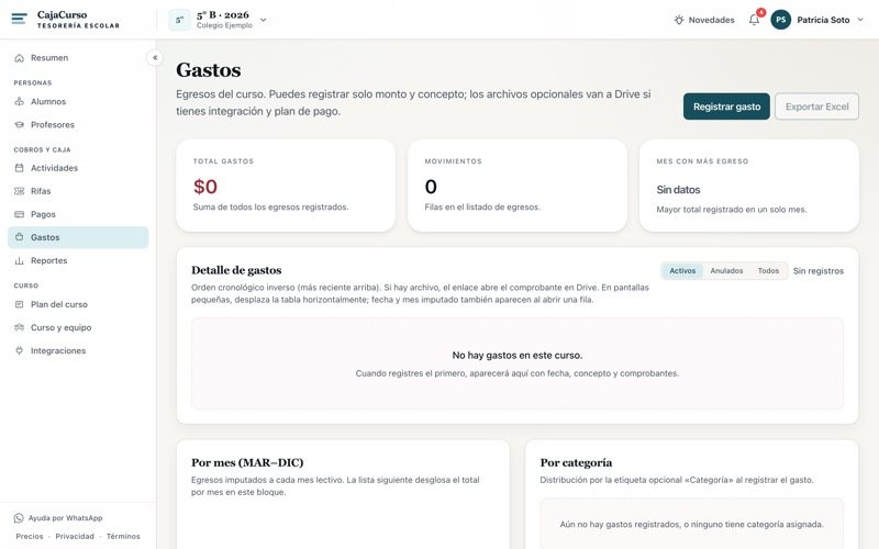 Pantalla de Gastos del curso con el botón Registrar gasto
